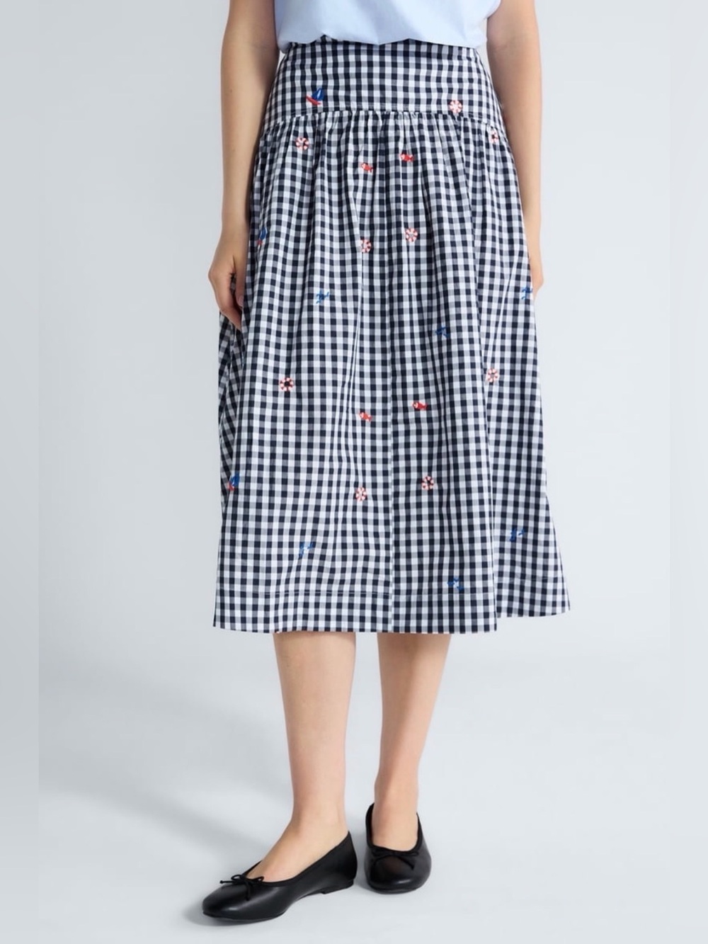 A248 Free Assembly Midi Skirt with Subtle Embroidered Flowers - Black/White NWT